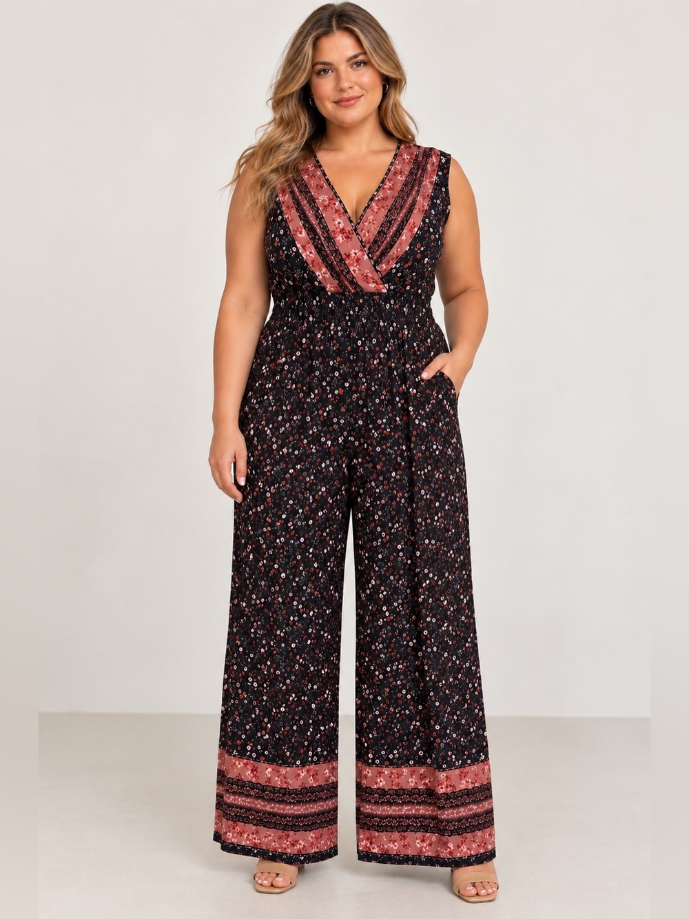 Gilli Black Floral Boho Wide Leg Jumpsuit Size 1X